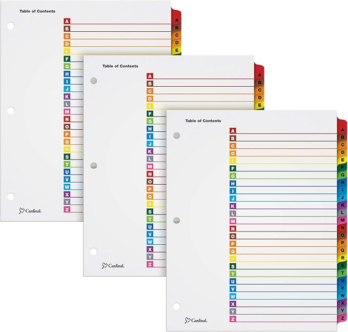 Cardinal Binder Dividers, A-Z Tabs, 3 Pack, Customizable Table of Contents Page, Reversible Multicolor Tabs, 3-Hole Punched for Binders