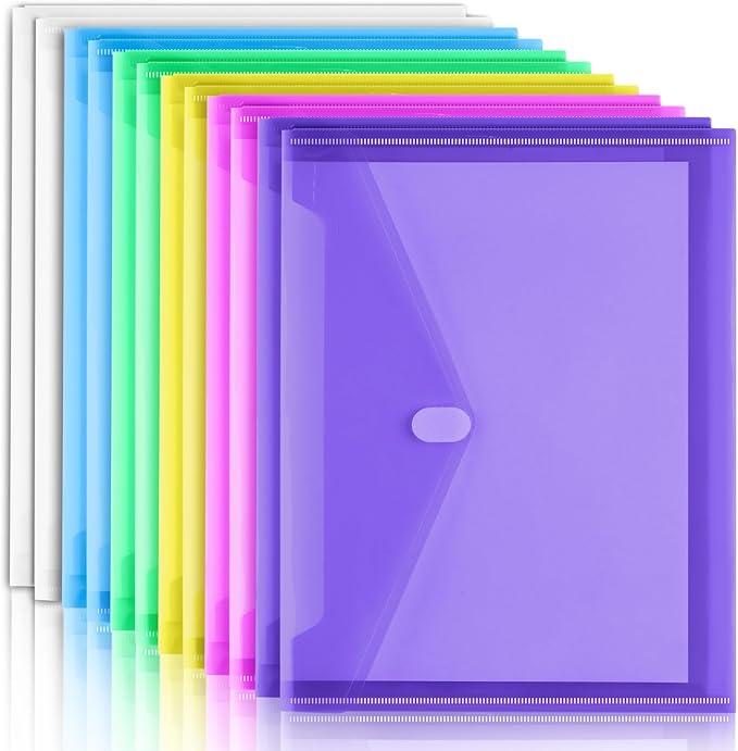 Sooez 12 Pack Plastic Envelopes File Folders, Plastic Folders with Pockets, Colored Folder for Documents Organizer Letter/A4 Size, Clear Filing Folders for Office School Paper Storage, 6 Colors