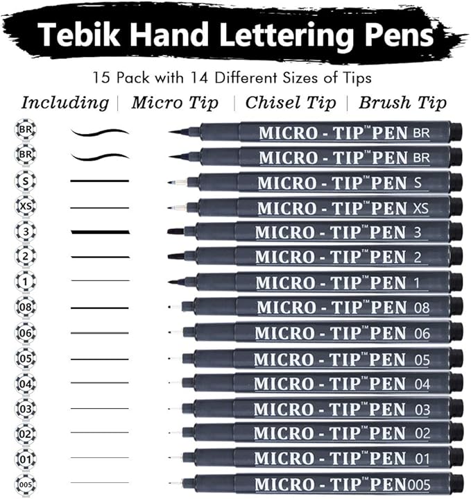 Hand Lettering Pens, 15 Pack Calligraphy Brush Pen Markers Black Ink for Beginners Writing, Lettering, Journaling, Art Drawing, Signature, Illustrations and Office School Supplies