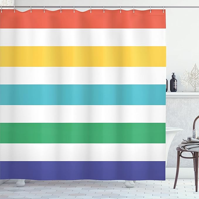 Ambesonne Striped Shower Curtain, Rainbow Colored and White Fun Horizontal Lines Room Red Yellow Blue Green Art, Cloth Fabric Bathroom Decor Set with Hooks, 69" W x 75" L, White Mustard Jade Green