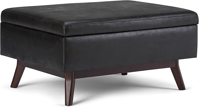 SIMPLIHOME Owen Coffee Table Storage Ottoman - 34 inch Wide Upholstered Vegan Leather Rectangular Lift-Top Ottoman in Distressed Black, Mid-Century Modern Bench for Living Room with Tapered Legs