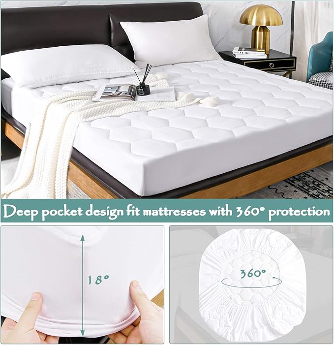 Queen Quilted Waterproof Mattress Pad Cover,Soft Mattress Pad Cover, Waterproof Mattress Protector Stretches up to 16” Deep Pocket-Hollow Alternative Filling-Cooling Mattress Topper