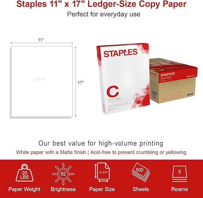 Staples Copy Paper, 11" x 17", 92 Brightness, 20 lbs., Ledger Size Paper, For Office, School & Home