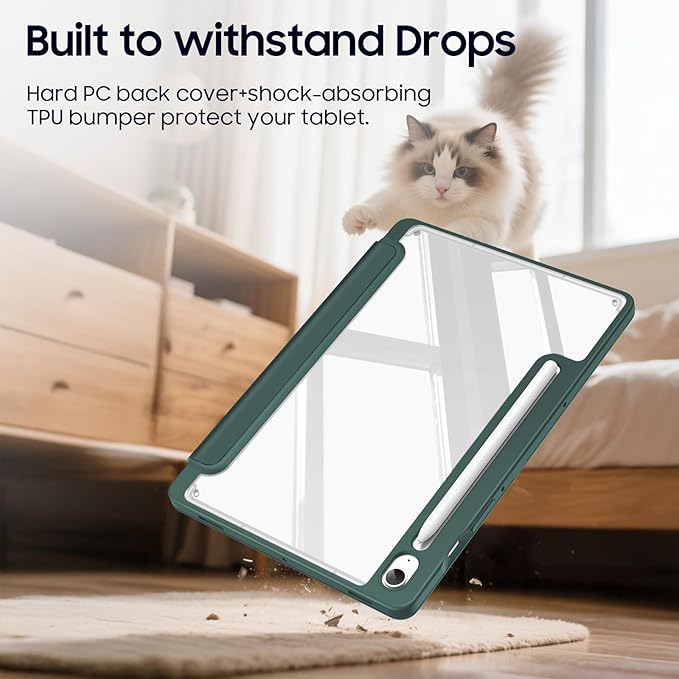 Fintie Hybrid Slim Case for Samsung Galaxy Tab S10 Lite/ S10 FE/ S9 FE 10.9 Inch/Tab S9 11 Inch with S Pen Holder, Shockproof Cover with Clear Transparent Back Shell, Auto Wake/Sleep, Midnight Green