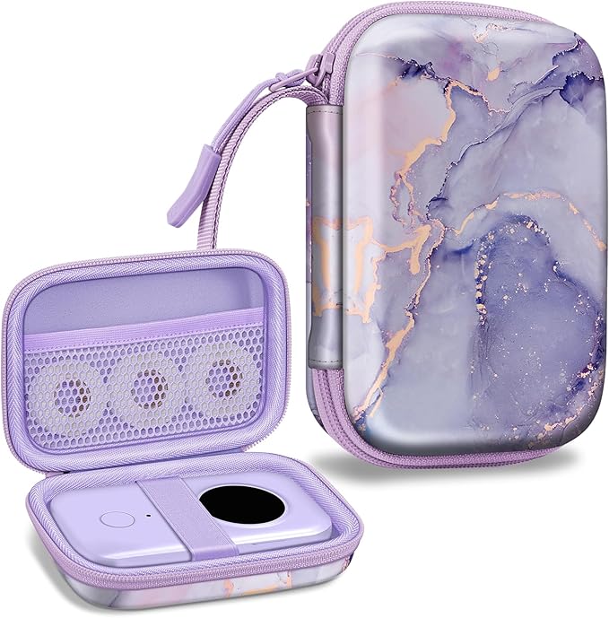 FINTIE Label Maker Case Compatible with Phomemo D30 D35, NELKO P21, SUPVAN E10, NIIMBOT D11 D110, JADENS D110, ORGSTA S001 - Portable Shockproof Hard Shell Label Printer Carrying Cover (Lilac Marble)