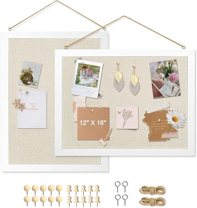 2-Pack Double-Sided Cork Board with Linen, 16" x 12" Hanging Wood Framed Bulletin Board, Picture Display Vision Board Kit Corkboards for Wall School Office Decor, 20 Pushpins (Vintage White)