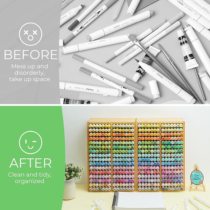 Ohuhu Bamboo Marker Organizer, Desktop Storage Hold 224 Markers for Honolulu Oahu Series of Ohuhu Markers, Pens Pencils Stationary Organizer Holder with 32 Compartments for Classroom Office Decor