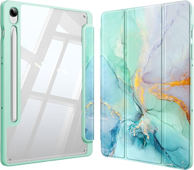 Fintie Hybrid Slim Case for Samsung Galaxy Tab S10 Lite/ S10 FE/ S9 FE 10.9 Inch/Tab S9 11 Inch with S Pen Holder, Shockproof Cover with Clear Transparent Back Shell, Auto Wake/Sleep, Emerald Marble