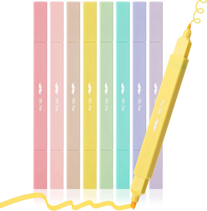 Mr. Pen- Dual Tip Aesthetic Highlighters, 8 Pack, Chisel & Fine Tips, Pastel Colors, Cute Assorted Colors, Cute High lighters for School, Highlighter Set