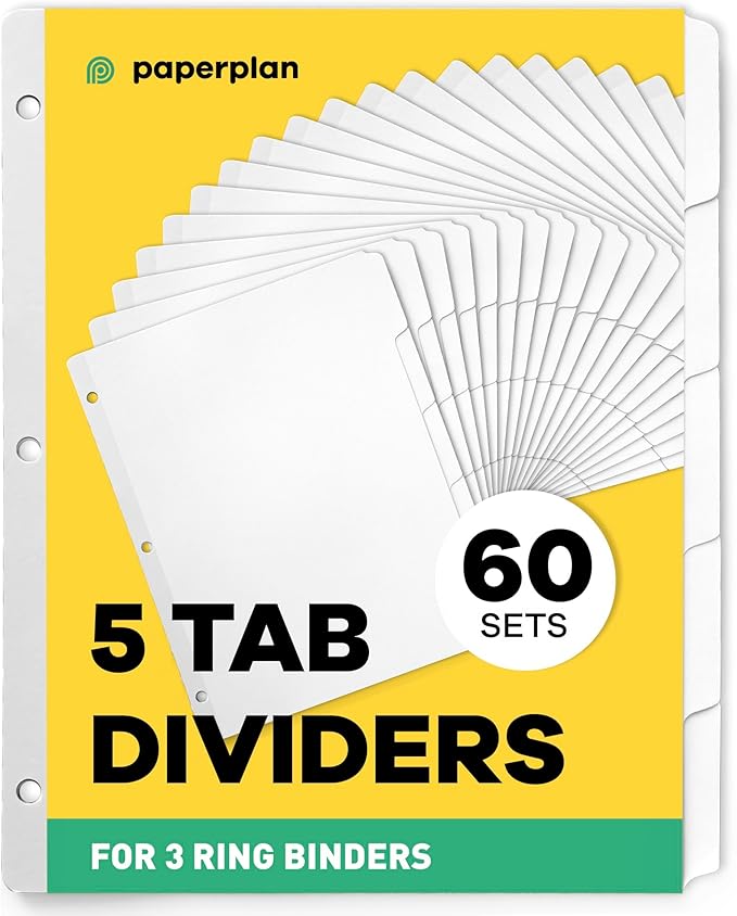 Paper Plan 3 Ring Binder Dividers with Tabs - (Set of 60) x 5 White, Reinforced Edge - Ideal for Keeping Your Documents Neat and Professional