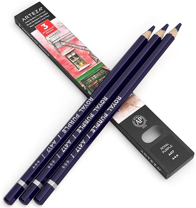ARTEZA Professional Watercolor Pencils, Pack of 3, A417 Royal Purple, Water-Soluble Pencils for Coloring, Blending, Layering & Watercolor Techniques