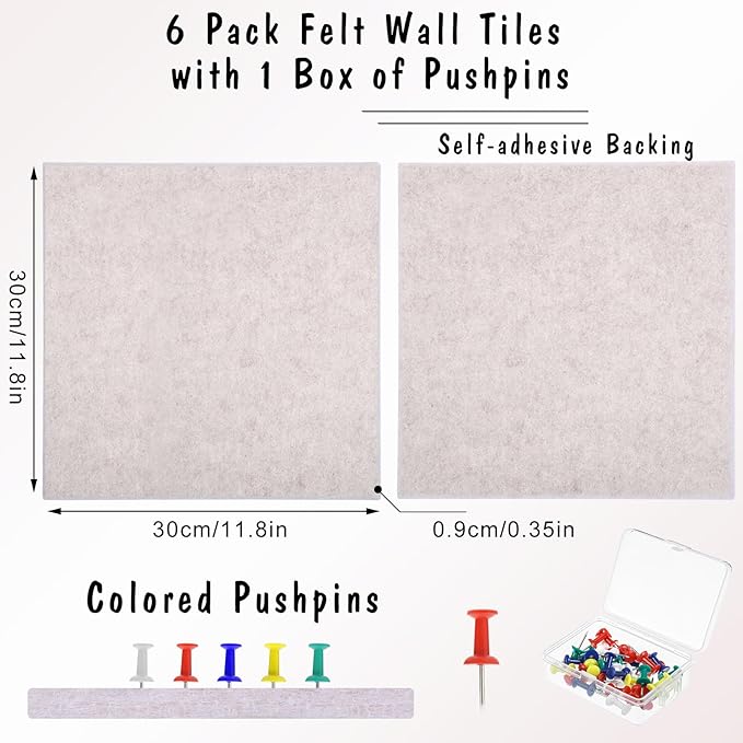 Large Cork Board 36" x 24", 6 Pack Felt Bulletin Board with 30 Pushpins, Cork Boards Alternative with Self-Adhesive Strips, Felt Wall Tiles Pin Boards for Walls Office Home School Decor-Light Tan