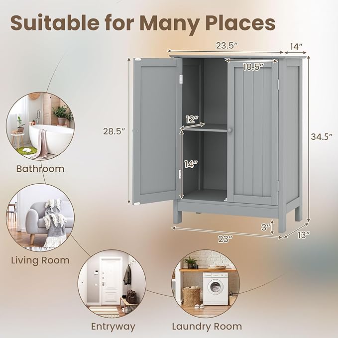 COSTWAY Bathroom Storage Cabinet, Freestanding Bathroom Organizers and Storage with Doors & Adjustable Shelf, Wooden Floor Cabinet for Home, Living Room, Entryway, Kitchen (Grey)