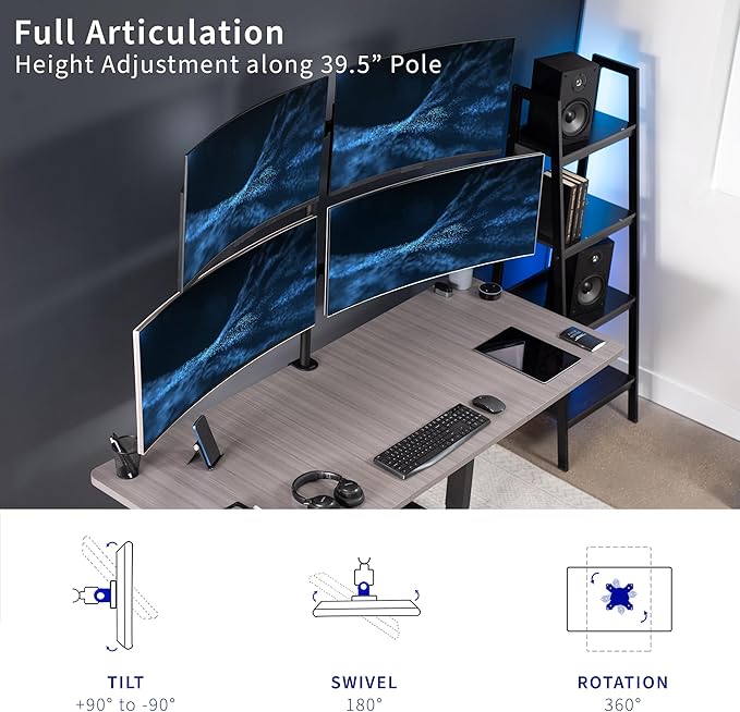 VIVO Premium Quad Ultra Wide LCD LED 27 to 38 inch Monitor Desk Mount, Heavy Duty C-clamp, Extra Tall Pole, Adjustable Telescoping Arms, Flush Wall Setup, Fits 4 Screens, Black, STAND-TS38C-4