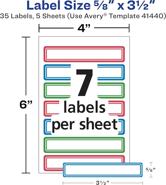Avery(R) Durable Labels for Kids' Gear, 5/8" x 3-1/2", Assorted Border Colors, Water-Resistant, 35 Rectangle Labels Total (Pack of 2)
