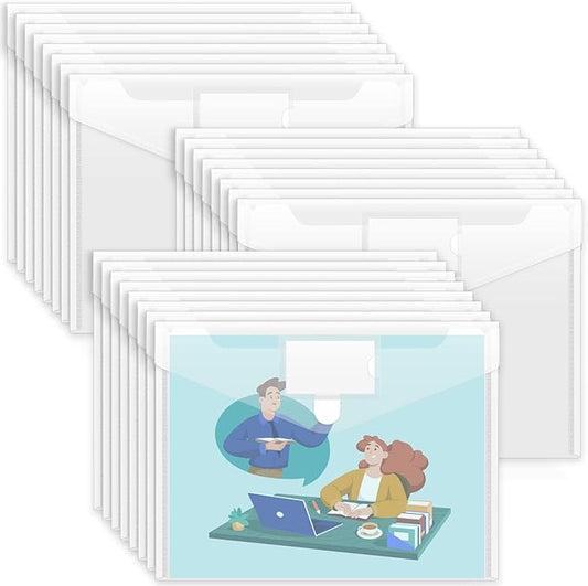 Sooez 24 Pack Plastic Envelopes Poly Envelopes, Clear Document File Folders US Letter A4 Size File Envelopes with Label Pocket for School Home Work Office Organization, Clear