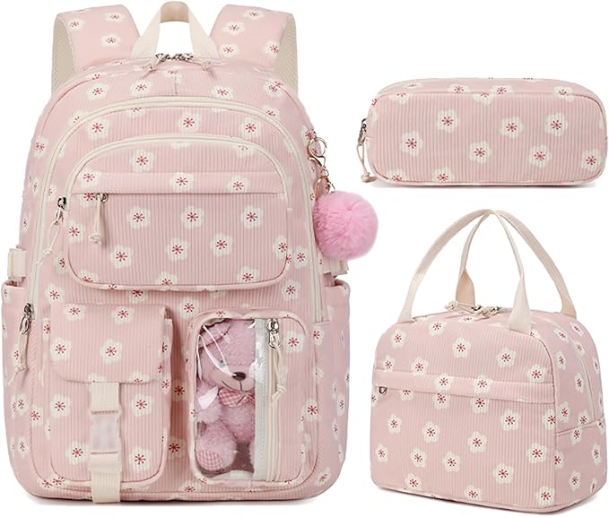 Corduroy Flower Backpack for Girls Teens School Bookbag with Lunch Box Pencil Case Laptop Sleeve Elementary Middle School Bag, Sakura-Pink