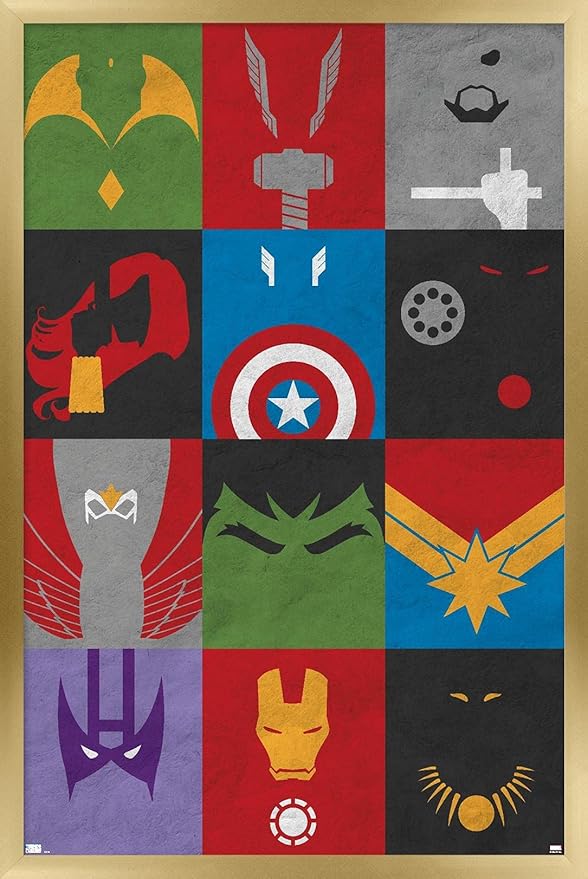 Trends International Marvel Comics - Avengers - Minimalist Grid Wall Poster, 14.725" x 22.375", Gold Framed Version