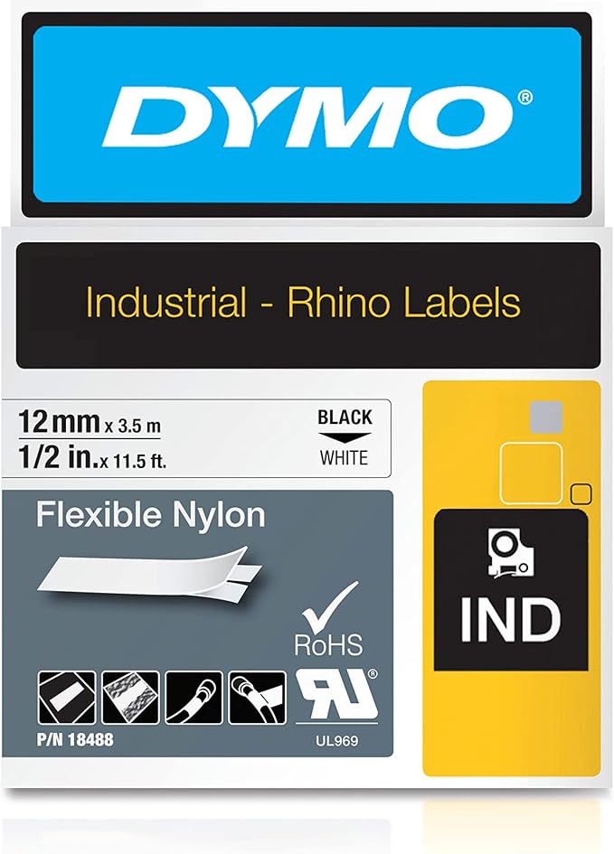 DYMO Rhino Industrial Flexible Nylon Labels 1/2" x 11.5' Black Print on White Tape