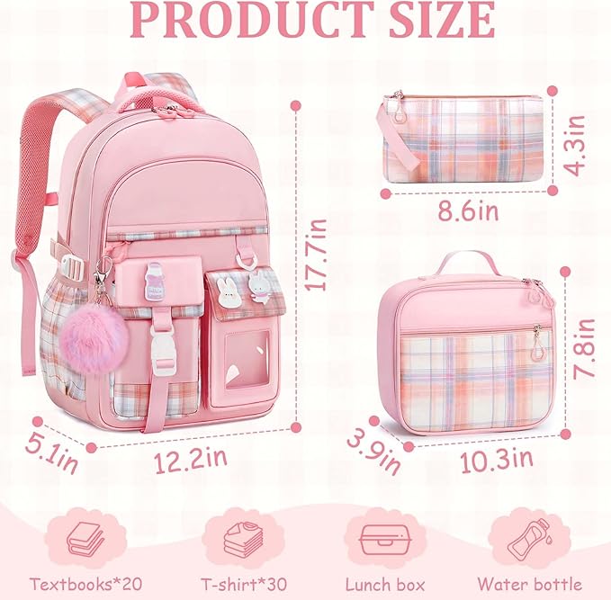 School Backpack for Girls - 5PCS Girls Backpack with Lunch Box Set for Elementary, Middle and High School Students - 18" Large Capacity School Bookbag with Multiple Pockets