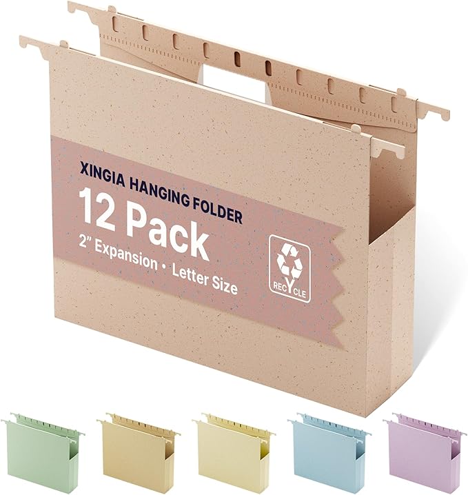 XINGIA Wheat Straw Plastic Hanging File Folders Letter Size, 12 Pack Extra Capacity Filing Cabinet Folders for Bulk Files/Medical Charts, Heavy Duty 2 Inch Expansion File Organizer(Morandi Pink)