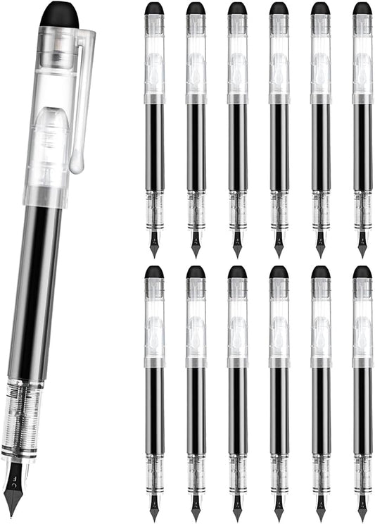 Disposable Fountain Pens for Writing - Fine Point Nib, Pack of 12, Black