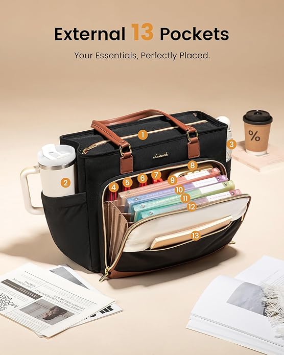 LOVEVOOK Teacher Tote Bag, Laptop Bag for Women with Large Cup Holder & Accordion File Area, Work Tote Bag for Business
