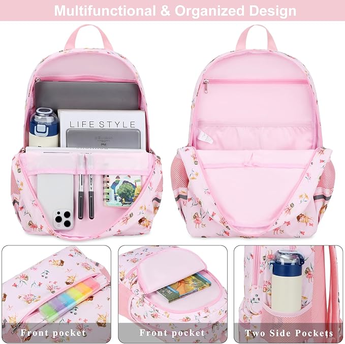 DSIUE Kids Backpack for Girls Elementary BookBags Teens School Backpack with Lunch Box Flower Fairy Beige