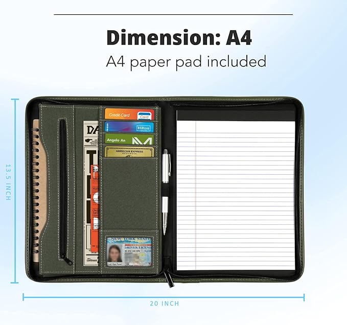 Zippered Portfolio Organizer/ A4 Refillable Lined Writing Notepad Folder Case/Fabric-Covered Padfolio Binder with Interior Storage Pocket for Men Women.Dark Olive