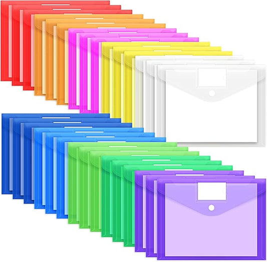 EOOUT 30 Pack 10 Color Plastic Envelopes Poly Envelopes, Hook & Loop Closure File Folders Clear Document Folders File Envelopes with Label Pocket A4 Size