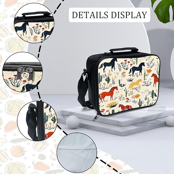 Horses Backpack Set 3 Piece School Bags and Lunch Box with Pencil Case Horse Cactus Bookbag Set for Toddler Kids Girls Boys Teens Kindergarten Elementary Middle