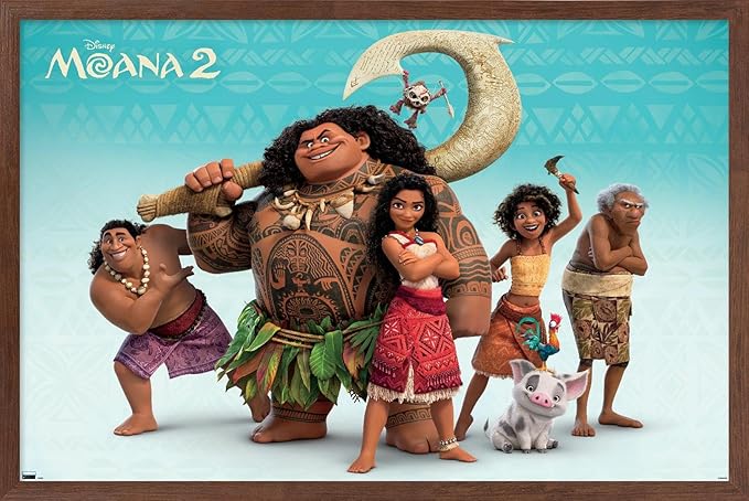 Disney Moana 2 - Group Wall Poster, 22.4L" x 14.7W", Mahogany Framed Version