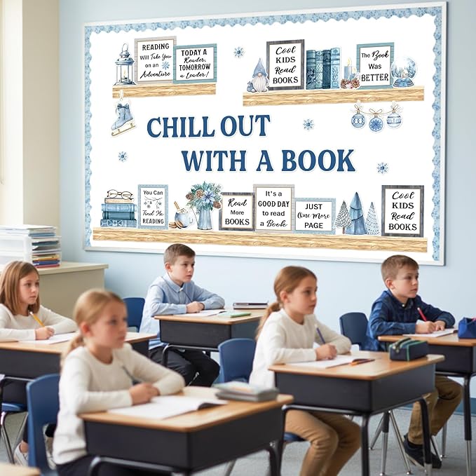 Qilery Winter Reading Bulletin Board Set – Christmas Classroom Decorations with Snowflakes & Book Quotes, Holiday Literacy Wall Decor for Teachers, School Library, Seasonal Reading Corner Display