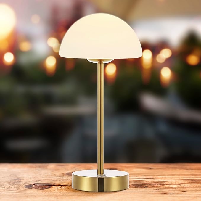 JONATHAN Y 12.5" Brass Gold/White Modern Rechargeable Portable LED Table Lamp, Cordless Dimmable Touch Accent Lamp with White Frosted Glass Shade for Bedroom Living Room Bar Vanity (JYL7109C)