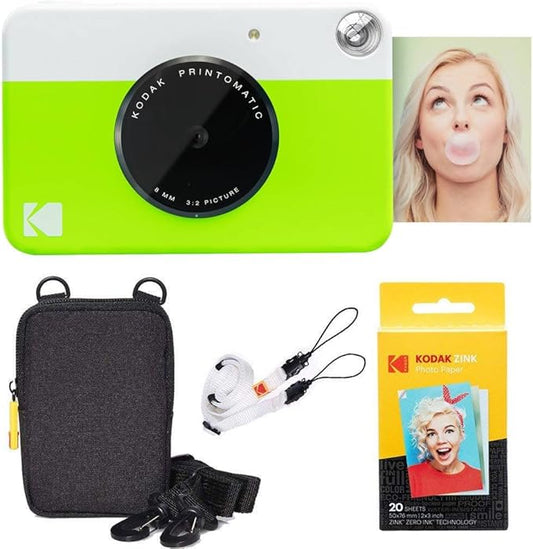 Kodak Printomatic Full-Color Instant Print Camera Starter Bundle + Carrying Case + Zink 20pk Photo Paper - Colorful Photos On 2x3 Sticky-Back Paper - Fun Gift for Birthday Christmas Holiday - Green