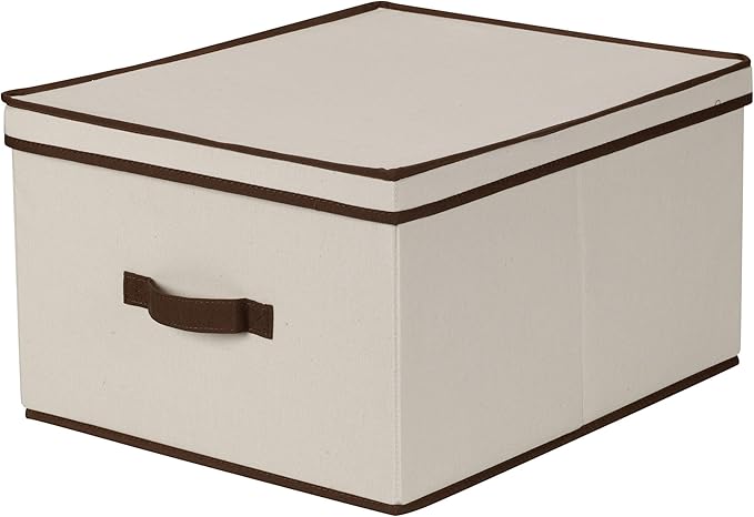 Household Essentials 515 Storage Box with Lid and Handle- Natural Beige Canvas with Brown Trim- Jumbo