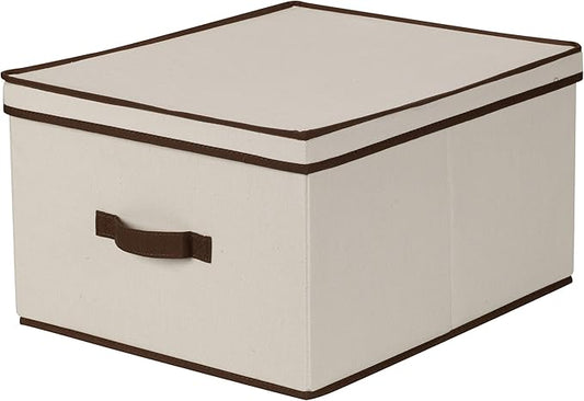 Household Essentials 515 Storage Box with Lid and Handle- Natural Beige Canvas with Brown Trim- Jumbo