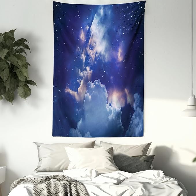 Ambesonne Space Tapestry, Magic Sky View with Star and Clouds Celestial Colorful World Cosmic Expanse Theme, Fabric Wall Hanging Decor for Bedroom Living Room Dorm, 30" X 45", White and Blue