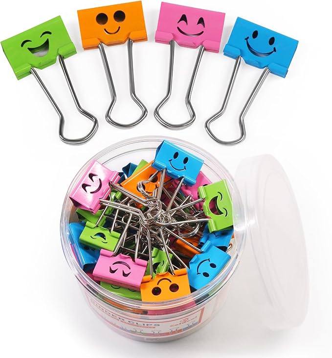 Coideal Smiling Binder Paper Clips - 40 Pcs 19mm Mini Colored Metal Fun Clip Clamps with Cute Smile Face Assorted Color for Office (0.75 inch, Small)