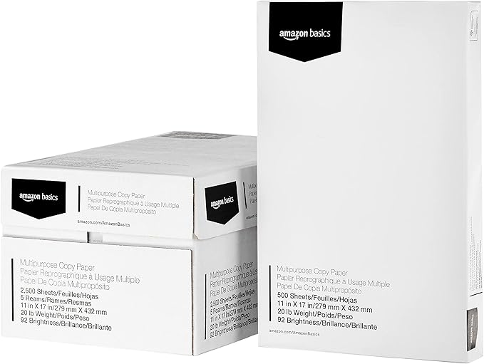Amazon Basics Multipurpose Copy Printer Paper, 20 lb, 11 x 17 Inches, 5 Reams (2,500 Sheets), 92 Bright White
