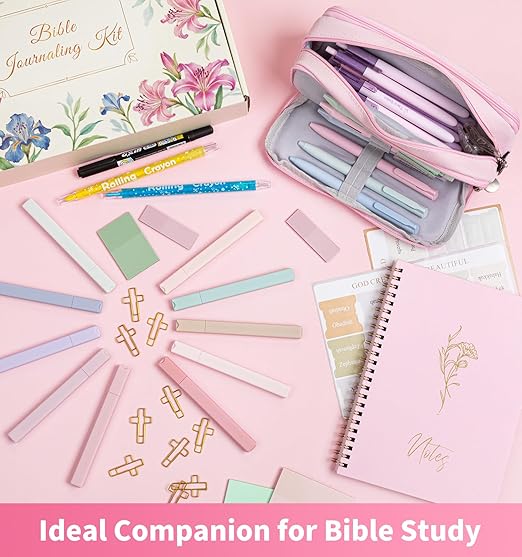 47Pcs Bible Study Supplies, Bible Journaling Kit for Women, Pink Pencil Case, 12 Pastel No Bleed Highlighters and 6 Colored Pens, Bible Tabs and More, Book Annotation Kit for Women & Men (Pink)