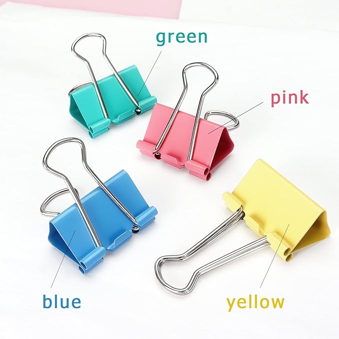 ZZTX Binder Clips Paper Clamps Clips Medium Size, Assorted Color, 1.3 Inches, 24 Pieces