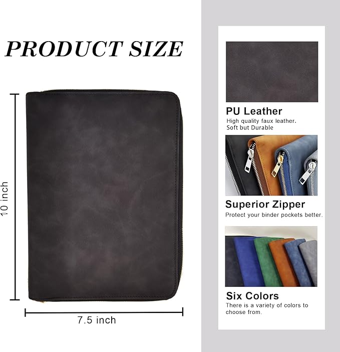 A5 Binder Case PU Leather Portfolio Budget Binder Refillable Notebook Planner Cover with Zipper 6 Rings Money Document Organizer for Business Interview (Black)