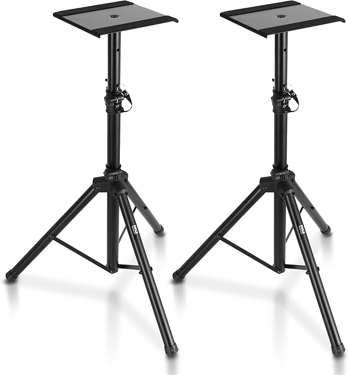 Pyle Adjustable Speaker Stand Pair – Dual Studio Monitor Tripod with Metal Base, Anti-Slip Speaker Pads, Height Adjustment from 34” to 53” – Ideal for Home, Studio, and DJ Use, 90 lbs Weight Capacity