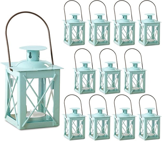 Kate Aspen Decorative Lanterns - Set of 12 - Luminous Metal Lantern Tealight Candle Holders for Wedding, Home Decor and Party - 4.5" H (6.5" H with Handle) – Blue