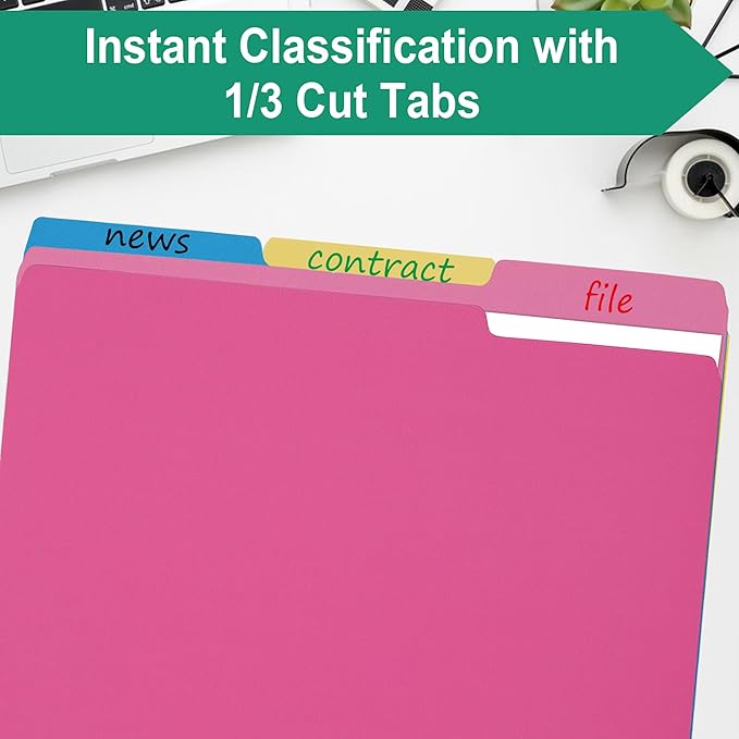 Pink File Folders 8.5x11 Inch,1/3 Cut Tab Colored File Folders Letter Size,School Business Office Folders for Document-18 Pack