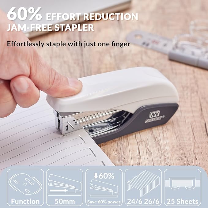 NEEWAY Effortless Stapler 25 Sheets Capacity, Jam Free, 4 in 1 Office Supplies Set with Staple Remover, 100pcs Paper Clips and 1000 Staples for Desk, Home (White)