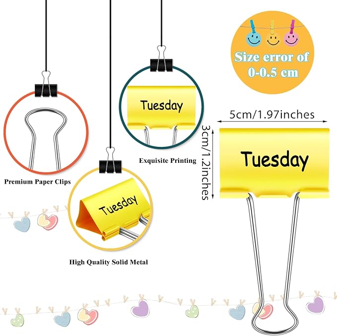 Tenare 6 Pieces Teacher Essentials Large Binder Clips 2 Inches Teacher Binder Paper Clips Office Back to School Gifts Classroom Supplies Management Supplies(Days of The Week)