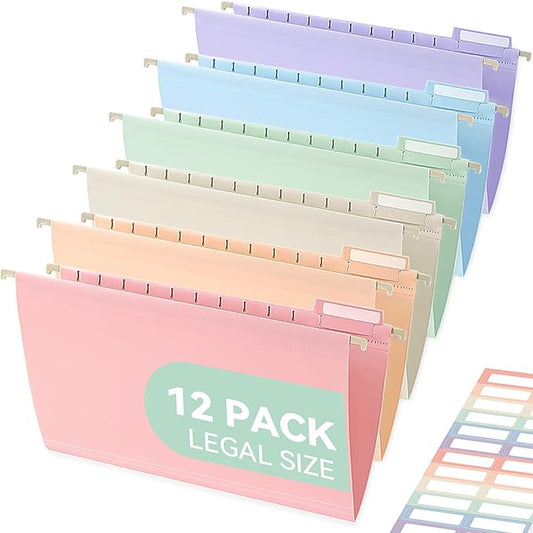 Plastic Legal Size Hanging File Folders, 12 Pack Pastel Hanging Folders, with Insertable 1/5-Cut Tabs for Filing Cabinets