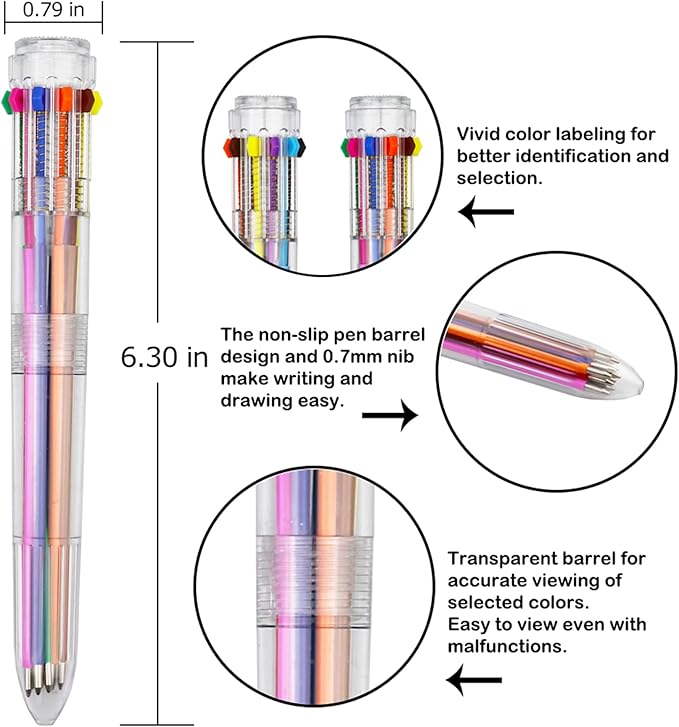 HeTaoCat Multicolor Pens 3 Pack 0.5mm 10-in-1 Retractable Ballpoint Pens - 10 Colors Transparent Barrel Ballpoint Pen for Office Supplies (Transparent)